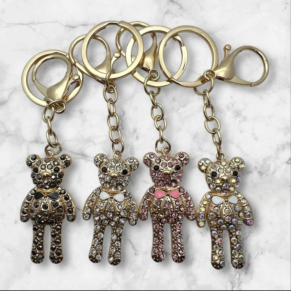Gold Toned Coquette 2” Teddy Bear Keychain with Pink Rhinestones and Bow